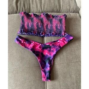 Zafio Galaxy Bikini Set Hot Pink Purple Smocked top High waisted bottom Summer